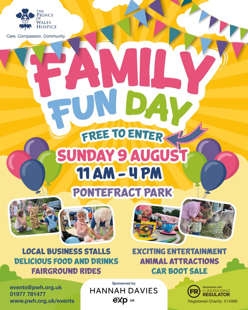 A colorful flyer for a "Family Fun Day" at Pontefract Park on Sunday 9 August, from 11 AM to 4 PM.