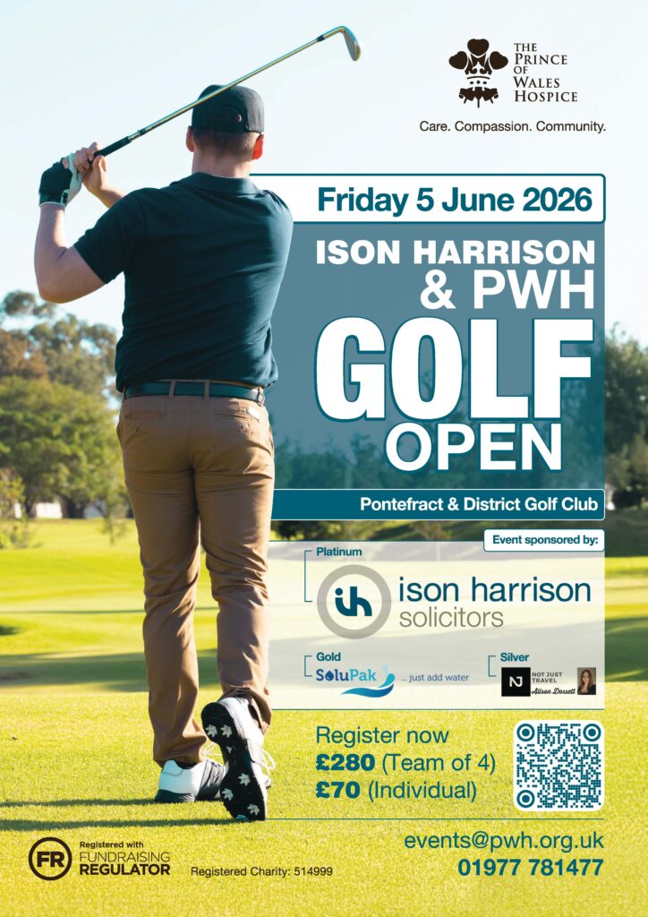 A promotional flyer for the Ison Harrison & PWH Golf Open taking place on Friday 5 June 2026 at Pontefract & District Golf Club. The image shows a golfer mid-swing and includes registration fees of £280 for a team of 4 or £70 for an individual.