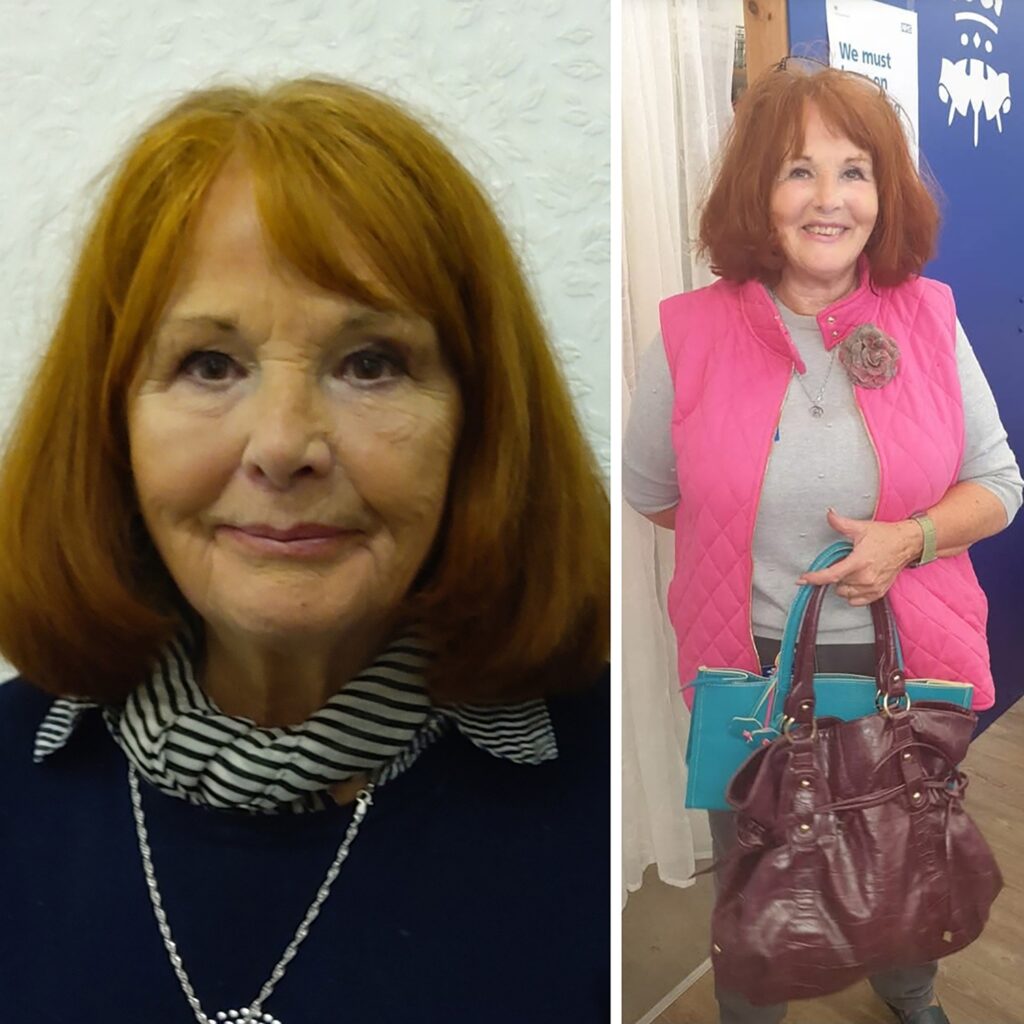 A split image showing a woman with auburn hair. The left side is a close-up portrait, and the right side shows her wearing a pink quilted vest and holding a teal and dark purple handbag.