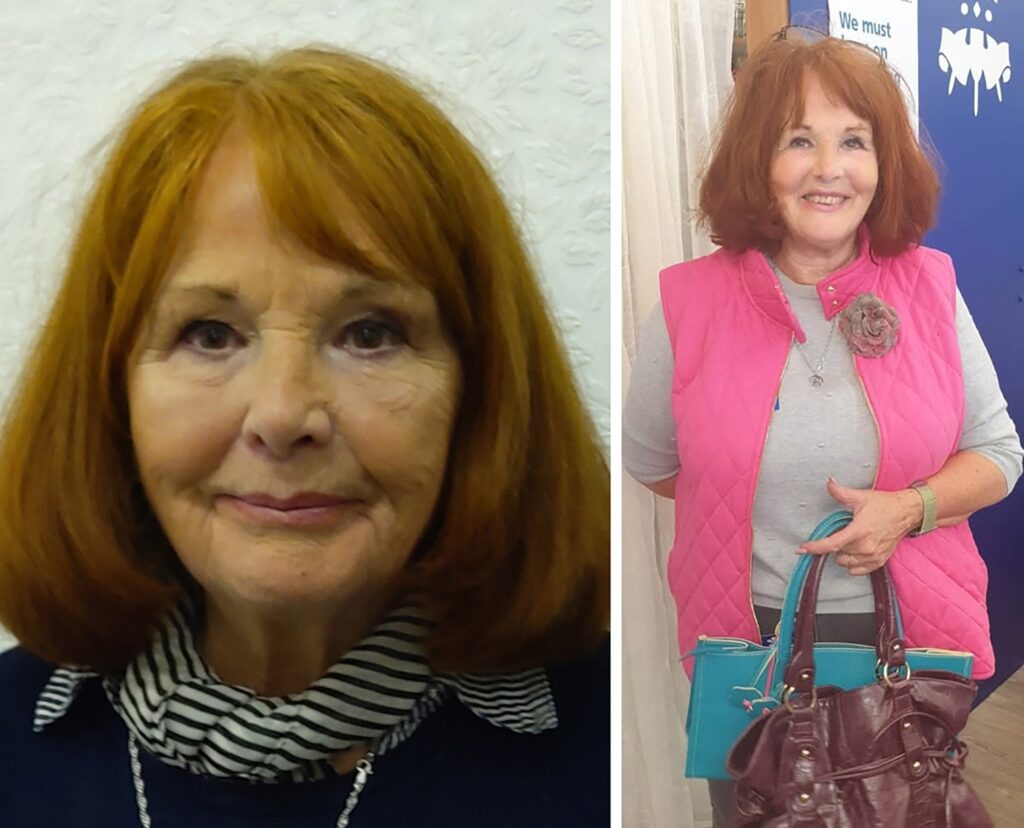 A split image showing a woman with auburn hair. The left side is a close-up portrait, and the right side shows her wearing a pink quilted vest and holding a teal and dark purple handbag.