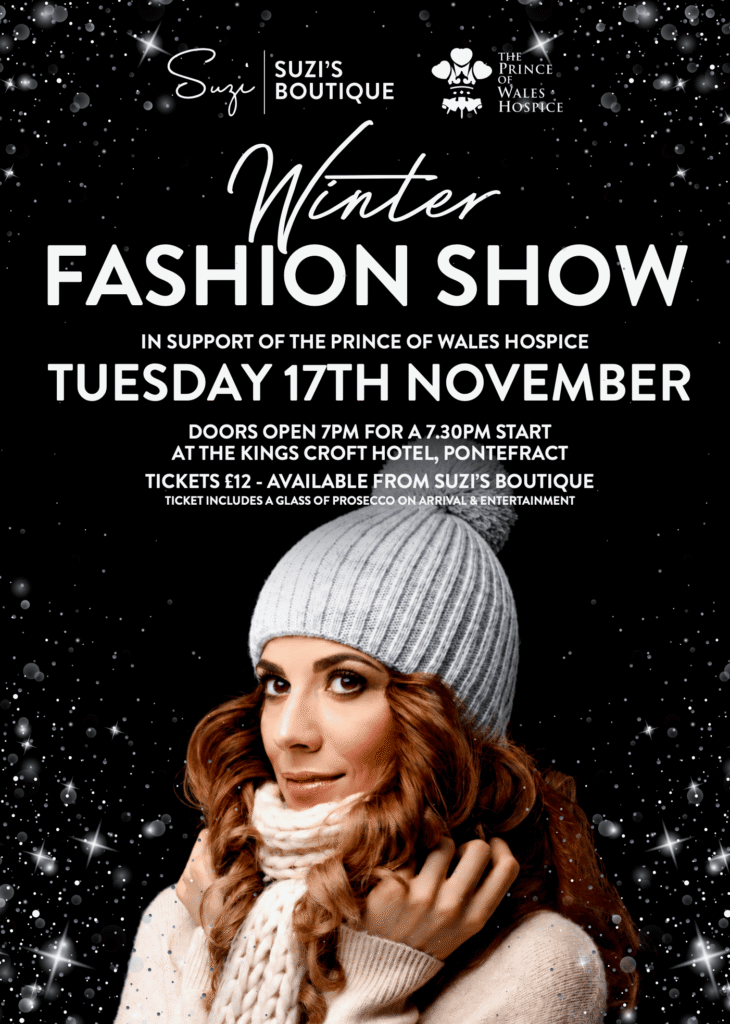 Promotional poster for Suzi’s Boutique’s Winter Fashion Show supporting The Prince of Wales Hospice, featuring event details and a woman in winter clothing against a starry black background.