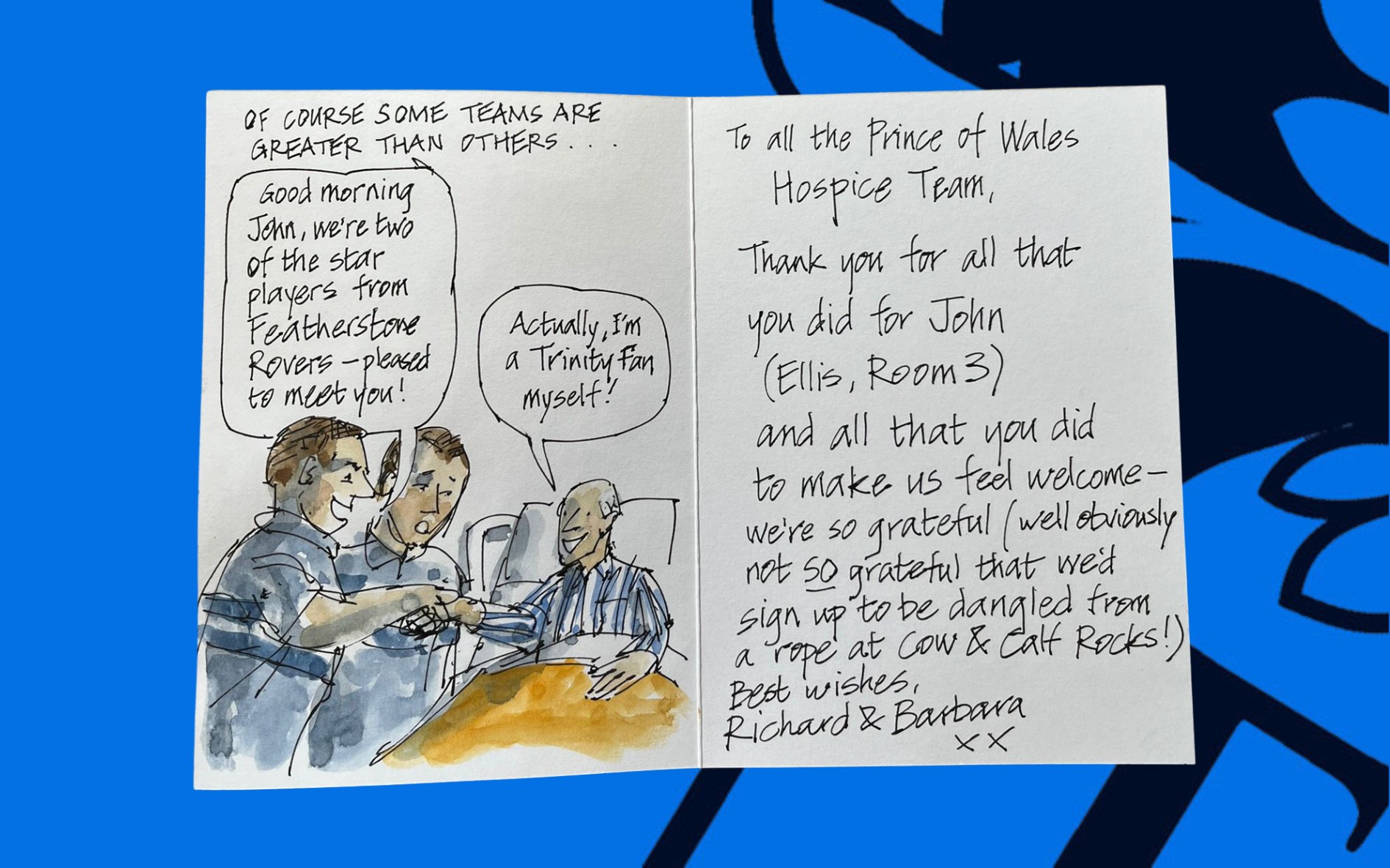 Richards thank you card with drawing of John meeting Featherstone Rovers stars